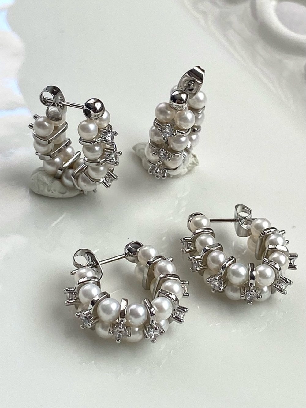 E144-Handmade Premium Round Baby Pearl Braided Hoop Earring